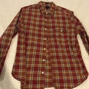 J Crew Plaid Button Up Red Gold Large Slim